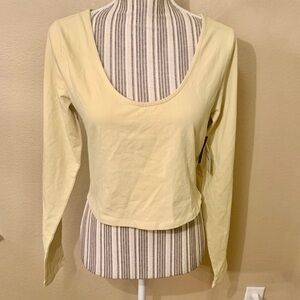 NWT Crop Top Large BP Yellow Beige Long Slv Organic Cotton Elastane Scoop Neck